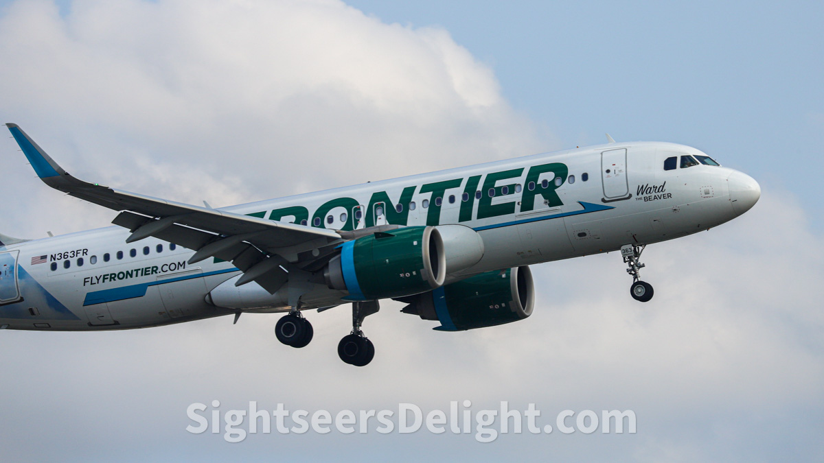 A Frontier Airlines plane lands at Hartsfield-Jackson Atlanta International Airport.